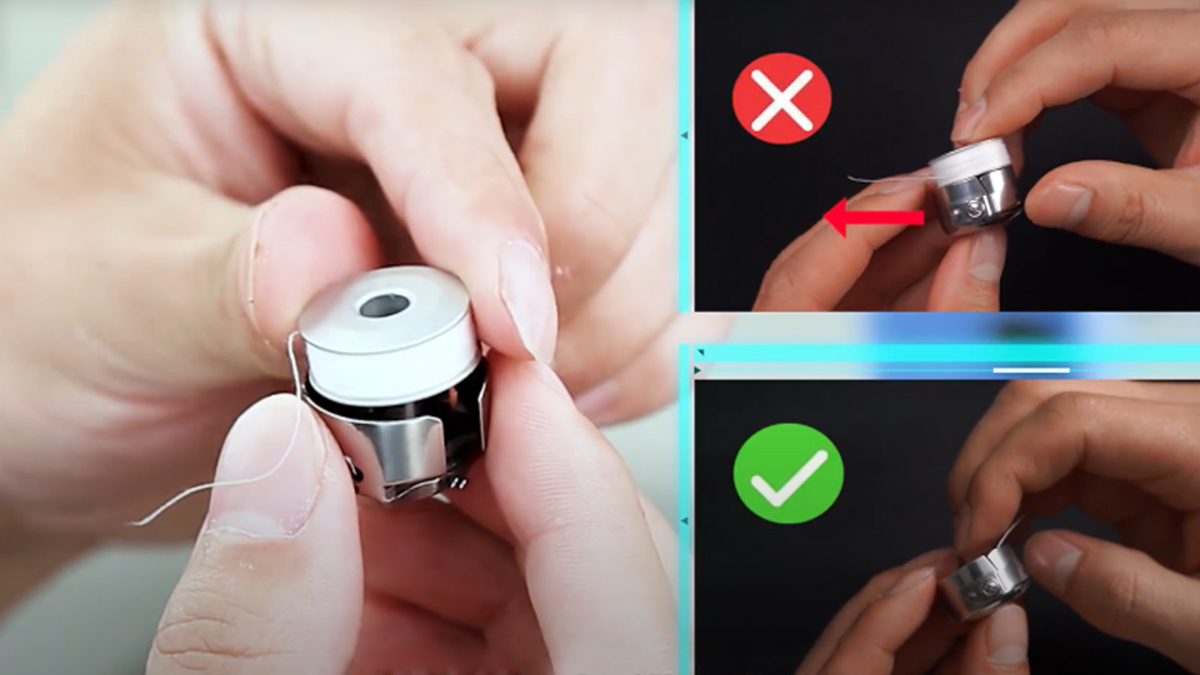 A comparison image of correct and incorrect bobbin winding.