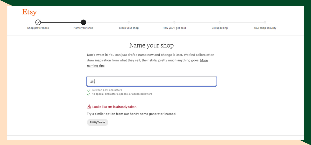 Esty name your shop  page