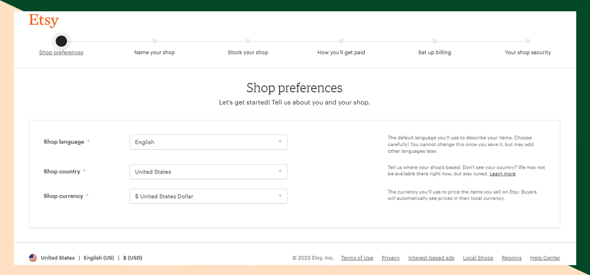Etsy shop preferences page