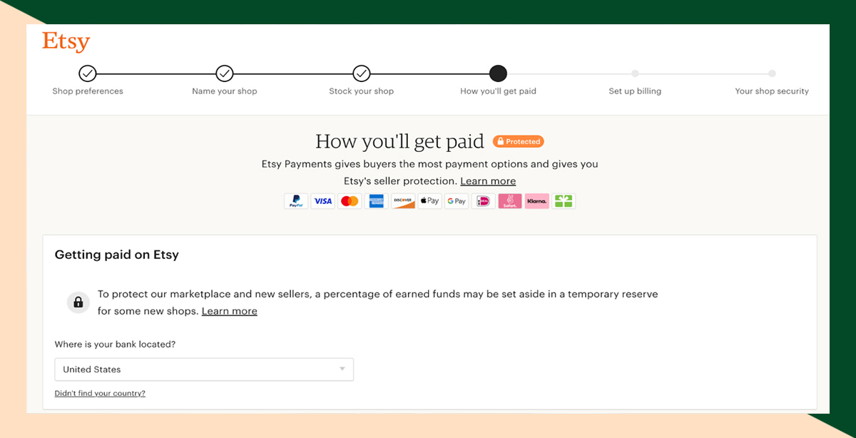 Etsy store payment page.