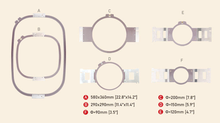 Six different sizes of embroidery hoop specifications.