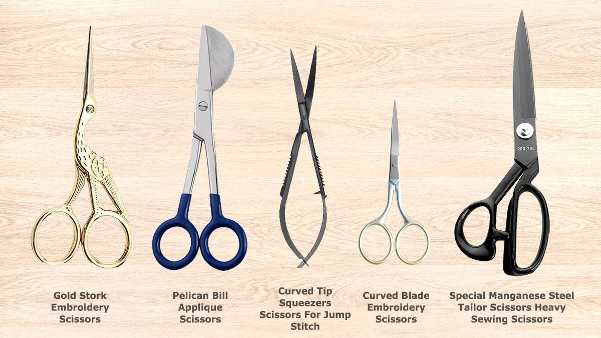 Five types of embroidery scissors.