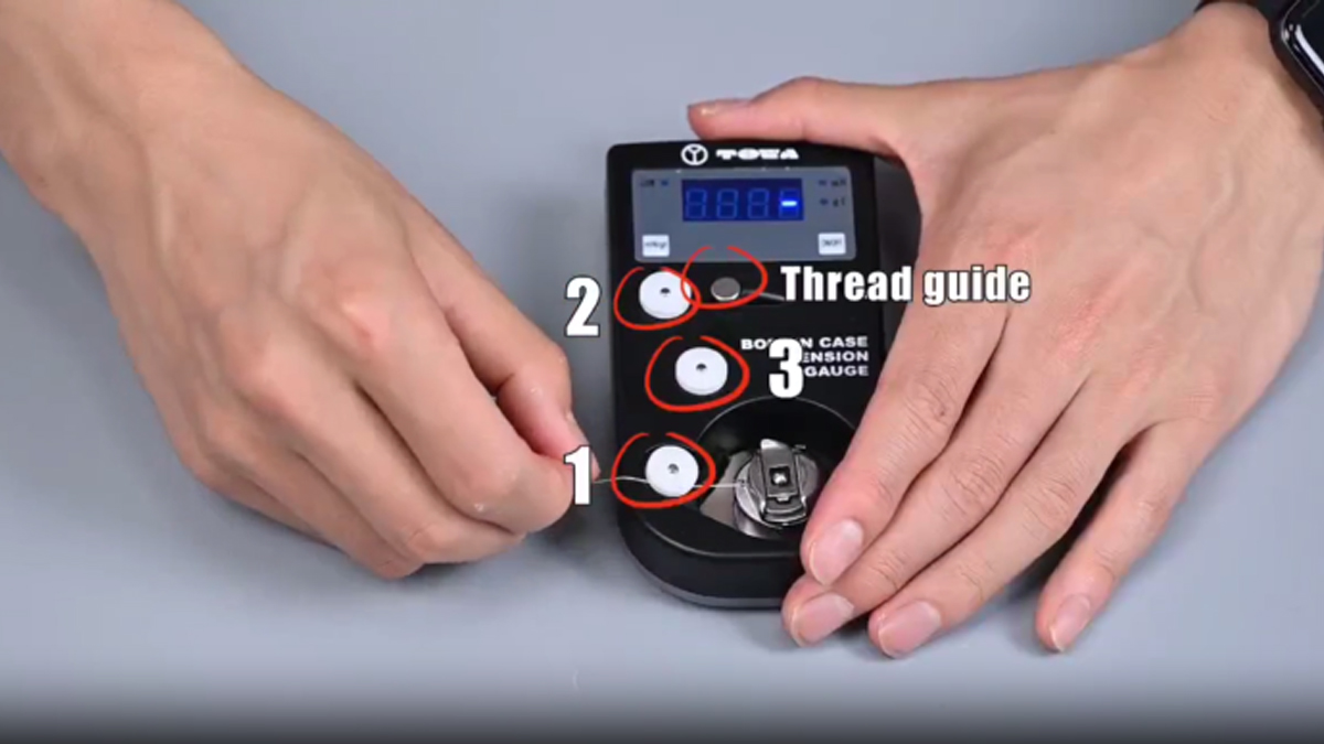 Steps for using an embroidery tension gauge.