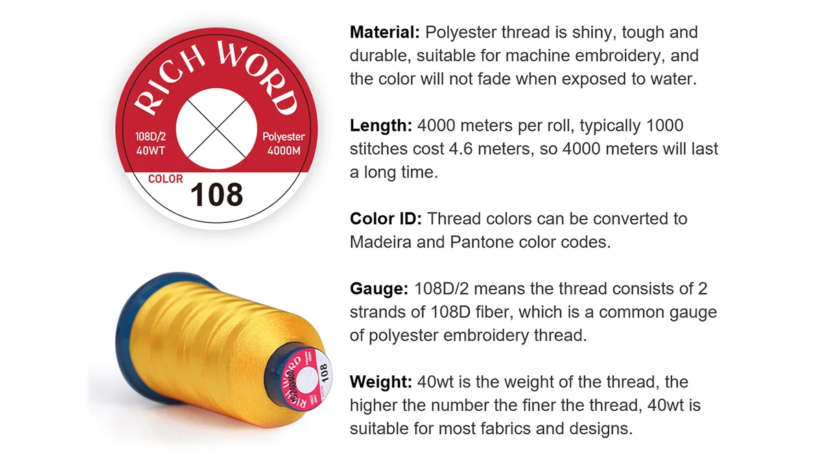 Key points for choosing embroidery threads — specifications, including material, length, color, number, and weight.