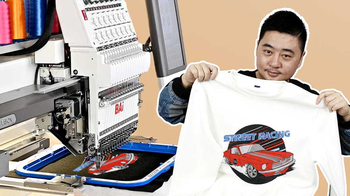 BAi embroidery machine performing a test embroidery sample