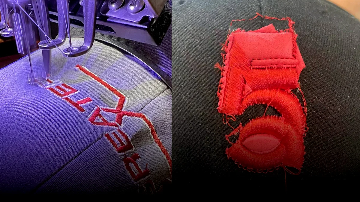 Failed embroidery on fabric, showing distorted pattern or tangled threads