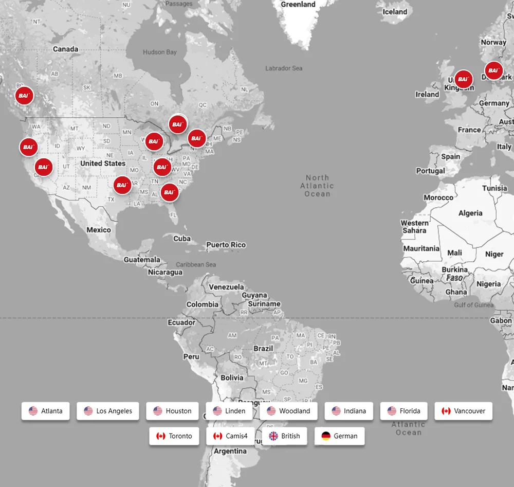 Choose the nearest BAi warehouse for your self-pickup from locations in the USA, CA, and MX.